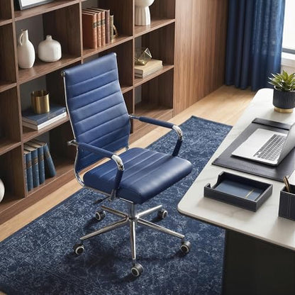 Okeysen Navy Blue Office Desk Chair, Ergonomic Leather Modern Conference Room Chairs, Executive Ribbed Height Adjustable Swivel Rolling Chair for Home Office. - color: Blue