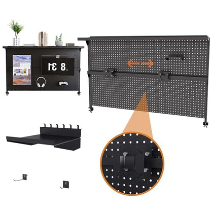 Metal Pegboard Desk Organizer with Dual Monitor Stand, 59x35 Inch Clamp-On Privacy Panel, Carbon Steel Gaming Desk Wall Organizer with 3 Accessories, Black Office Desk Storage System