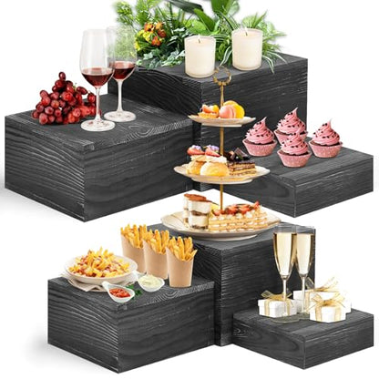 6 Pack Wooden Risers Display Stands Square Food Risers for Buffet Party Rustic Wood Cake & Cupcake Stands Nesting Box Wooden Crates for Display - color: Black