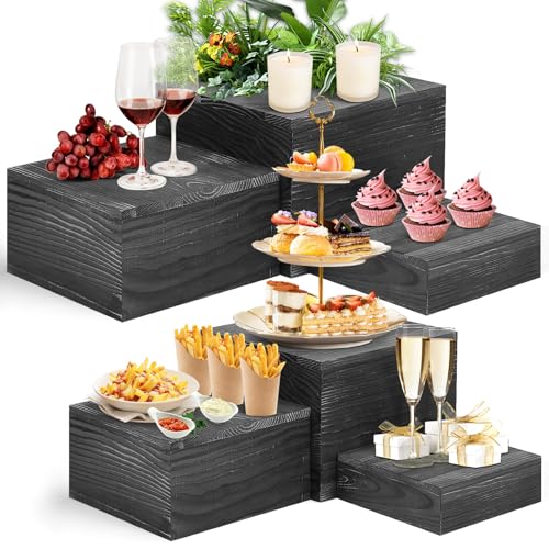 6 Pack Wooden Risers Display Stands Square Food Risers for Buffet Party Rustic Wood Cake & Cupcake Stands Nesting Box Wooden Crates for Display - color: Black
