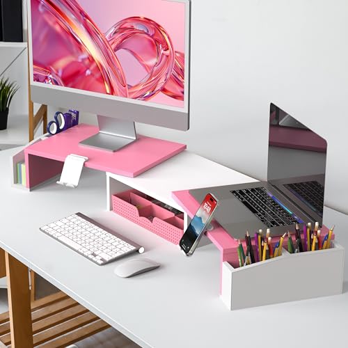 Simple Houseware Desk Dual Monitor Stand Riser with Drawer, Pink - color: Pink