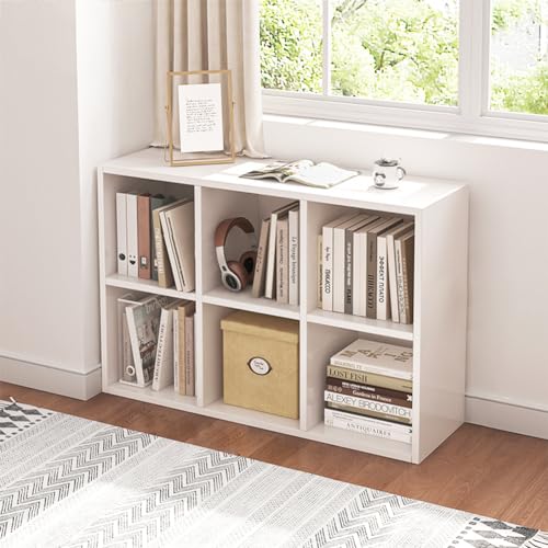 NELYE 6 Cube Organizer Bookcase White Open Shelf | Suitable for 11-inch Fabric Storage Bins, Simple Compartments Bookshelf, Holds 20 Lbs per Cube - color: White, size: 6-Cube