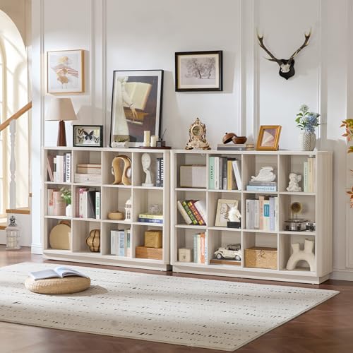 Joaxswe 12 Cube Storage Organizer, 41" Large Bookshelf with Curved Edge, Wood Floor Standing 3-Tier Cubby Bookcase w/Base, Modern Display Storage Cabinet for Living Room, Office, Gray-White Cream Oak - color: Gray-white Cream Oak, size: 12 Cube (11.81"D x