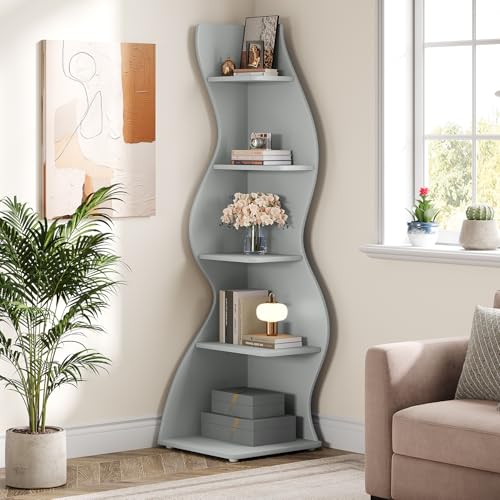 Tribesigns Wavy Corner Shelf, Modern 5-Tier Bookshelf Bookcase with Curvy Shape, Unique Plant Stand Display Rack for Living Room Small Space (Blue) - color: Blue