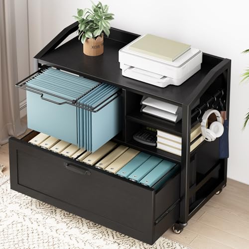 HSH 33 Inch Filing Cabinet for Home Office,Black File Cabinet | Mobile Rolling Printer Stand with Storage Shelf with Drawer for Legal Letter Size,Lockable Wheels,Hanging File Organizer - color: Black Oak, size: Large Drawer