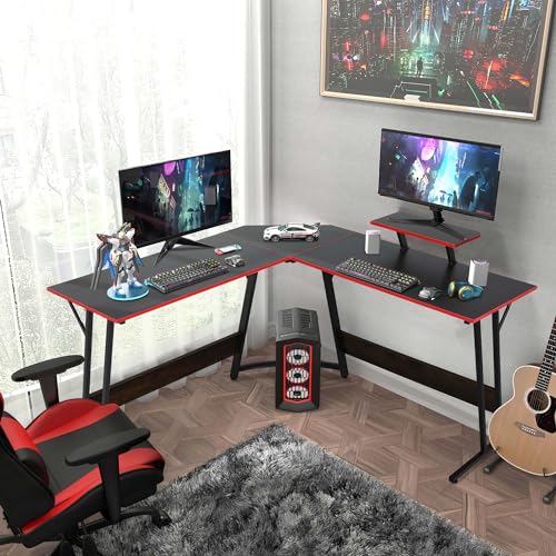 Gaming Desk L Shaped Desk, 50.4” Large Computer Desk with Shelves & Carbon Fiber Desktop, Wood Computer Table Writing Work PC Desk for Bedroom Office Dorm Small Space, Black - color: Black