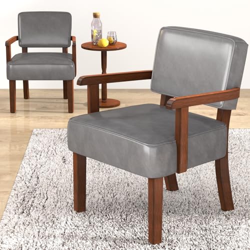 FAGAGA Accent Chairs Set of 2, 2 Solid Wood Armchairs with Side Table | Faux Leather Chair with Soft Thicken Cushion, Comfy Reading Chair for Bedroom, Waiting Room, Home Office, Easy Assembly - color: Faux Leather Gray, size: Set of 2 with table