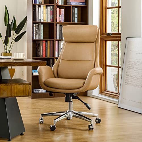 Glitzhome Adjustable High-Back Office Chair Executive Swivel Chair PU Leather Desk Chair, Camel - color: Camel