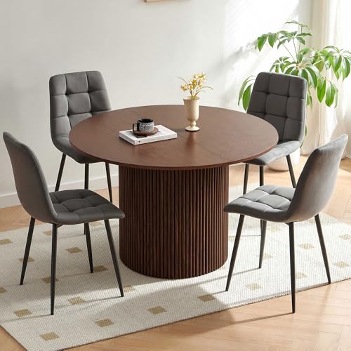 Homedot Round Kitchen Table Set for 4, 5-Piece Walnut Wooden Dining Table Set with Grey Chairs, 47-inch Circle Dinner Table and Soft Dining Chairs Set, Farmhouse Dinette Set for Dining Room - color: Grey, size: 1* Walnut Color Table+4*Chair
