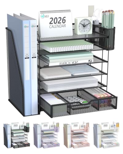 WALI Desk File Organizer, 6 Tier Desktop Paper Letter Tray Organizer with Drawer and 2 Pen Holders, Office Desk Accessories & Workspace Organizers for Office, Home Supplies(DO007DH-B), 1 Pack, Black - color: Black, size: 6 Tier