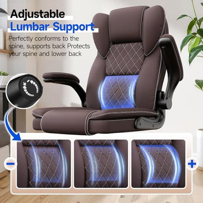 naspaluro Ergonomic Office Chair, Executive PU Leather Chair, Computer Desk Chair with Adjustable Lumbar Support Flip-up Arms, Executive Task Chair, Office Chairs for Home Office, Big and Tall, Brown - color: Brown