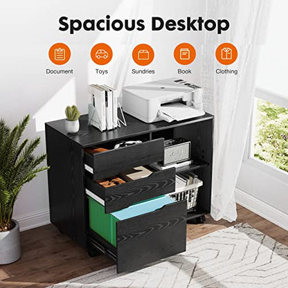 File Cabinet with 3 Drawers, Mobile Lateral Filing Cabinet with Open Storage Shelves for Home Office Under Desk Storage, Black - color: Black