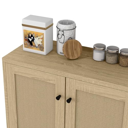 Panana Rattan Decorated 2 Doors Storage Cabinet Accent Cabinet Living Room Cupboard Kitchen Sideboard Buffet Table (Natural)