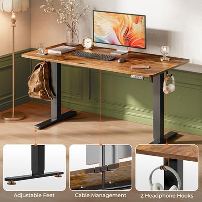 Huuger 55 x 28 Large Electric Standing Desk, Height Adjustable Computer Desk, 27.6" Deep Desktop, Stand up Gaming Office Desk with 2 Hooks, 3 Preset Heights, for Home Office, Rustic Brown - color: Rustic Brown, size: 55*28 inch (no outlets)