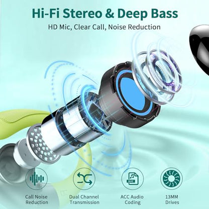 Wireless Earbuds, 2026 Bluetooth 5.4 Headphones Sport, 50Hrs HiFi Stereo Deep Bass Over-Ear buds with ENC Noise Cancelling Mic, IP7 Waterproof & LED Display Earphones with Earhooks for Workout/Running - color: Dark Green