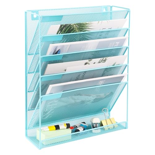 Desk File Organizer Mesh 6-Tier, Hanging Wall Mount Document Organization Stand, Desktop Vertical Mail Paper Folder Holder Rack with Bottom Tray for Office Home Cubicle Countertop, Blue - color: Blue, size: 6 Tier