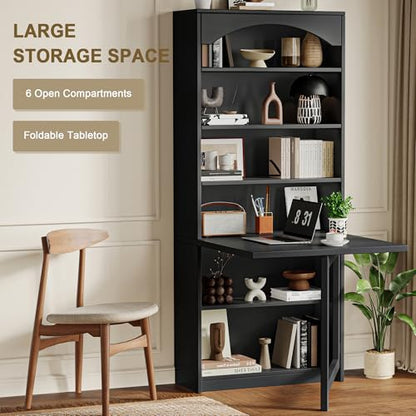 Einhomn Folding Desk with Storage, Space-Saving Foldable Convertible Writing Table, Wall Mount Fold Out Computer Desk for Home Office, Craft Room, Living Room, Bedroom, Black - color: Black