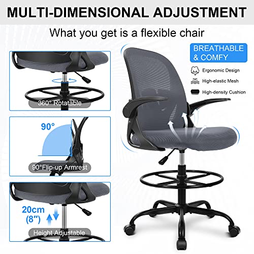 Primy Drafting Chair Tall Office Chair with Flip-up Armrests Executive Ergonomic Computer Standing Desk Chair with Lumbar Support and Adjustable Footrest Ring（Dark Gray） - color: Dark Gray, size: 934-Z
