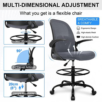 Primy Drafting Chair Tall Office Chair with Flip-up Armrests Executive Ergonomic Computer Standing Desk Chair with Lumbar Support and Adjustable Footrest Ring（Dark Gray） - color: Dark Gray, size: 934-Z
