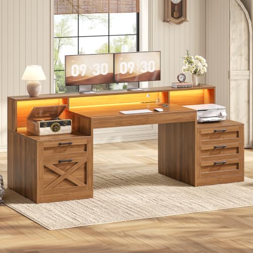 SEDETA 63" Farmhouse Computer Desk with 5 Drawers, Brown | Executive Office Desk with LED Lights & Monitor Stand, Wood Home Office Desk with 2 Printer Stand & Power Outlet - color: Brown, size: Executive Office Desk(63")