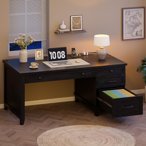 GarveeHome Farmhouse Executive Desk with Drawers, 53.54 in Home Office Desk with Charging Station, Wooden Computer Desk with File Cabinet Storage for Work Study Writing, Rustic Black - color: Rustic Black