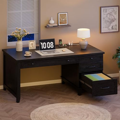 GarveeHome Farmhouse Executive Desk with Drawers, 53.54 in Home Office Desk with Charging Station, Wooden Computer Desk with File Cabinet Storage for Work Study Writing, Rustic Black - color: Rustic Black
