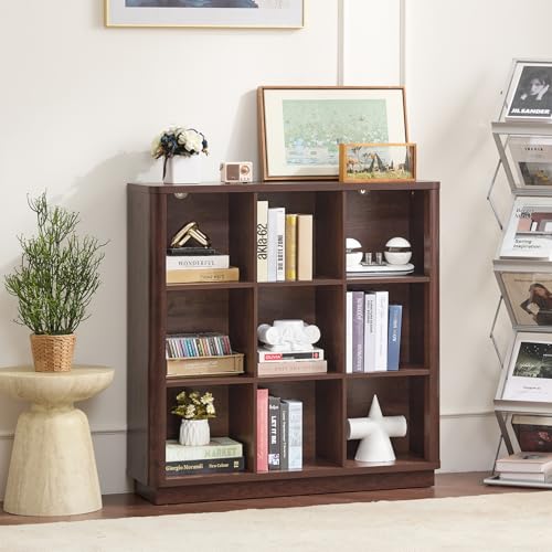 Joaxswe 9 Cube Bookshelf, 40.5" Wide Organizer Bookcase with Curved Edge, Wood Floor Standing 3-Tier Cubby Book Shelf with Base, Vintage Display Storage Cabinet for Living Room, Home Office, Walnut - color: Walnut, size: 9 Cube (11.81"D x 40.5"W x 41"H)