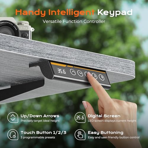 Huuger 55 x 28 Large Electric Standing Desk, Height Adjustable Desk, 27.6" Deep Desktop, Stand up Gaming Computer Office Desk with 2 Hooks, 3 Preset Heights, for Home Office, Grey - color: Grey, size: 55*28 inch (no outlets)