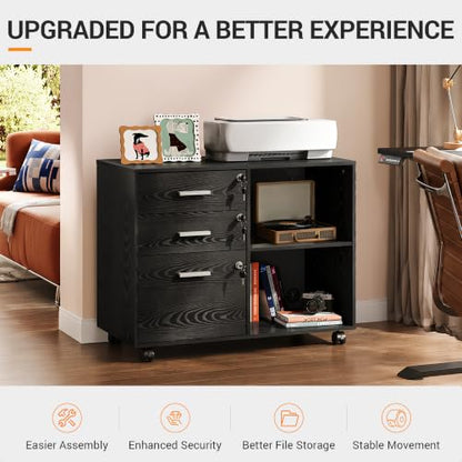 DEVAISE 3-Drawer File Cabinet with Lock, Mobile Wood Filing Cabinet, Black | Rolling Printer Stand, Office Cabinet, Open Storage Shelves, Letter & A4 Compatible, Home Office, Under Desk Storage - color: Black