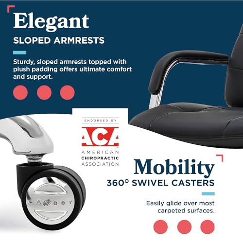 La-Z-Boy Sonata Executive Mid-Back Office Chair, Button-Tufted Seat and Back, Double-Layer Cushion, Padded Armrests, Ergonomic Computer DeskChair, Swivel Metal Base, Bonded Leather, Black/Chrome - color: Black and Chrome