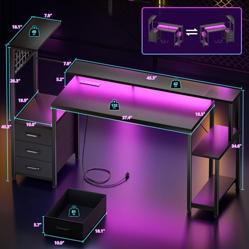 Korfile 55" Gaming Desk with Power Outlet, LED, Carbon Fiber Black Finish - size: 55 Inches