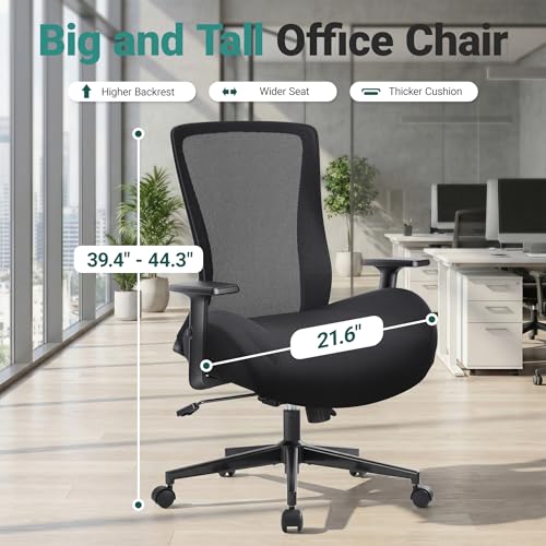 Big and Tall Home Office Desk Chair 400lb Capacity for Heavy People, Ergonomic Wide Mesh Desk Chair with Stepless Recline & Lock, 5.5" Thick Cushion, High Back, Adjustable Height & Armrests - color: Black