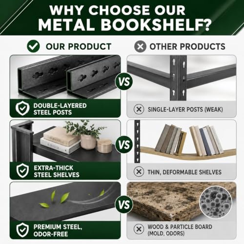 Heavy Duty 4 Tier Metal Book Shelf Adjustable Bookcase | 2400 LBS Bolt-free Storage Shelves with Deep Bookshelf for living Room, Office and Garage Storage, 13.8"Wx 11.8"Dx 45"H - size: 4 Tier-13.8"Wx 11.8"Dx 45"H