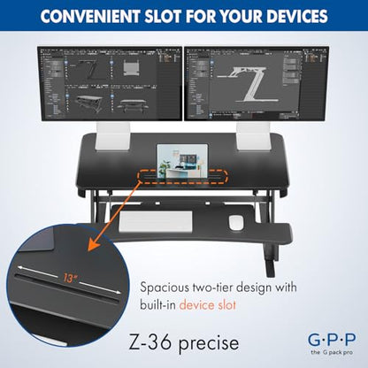 Standing Desk Converter: Adjustable up to 19.3" for Dual Monitors. Ergonomic Black Riser Promotes Healthy Workstation