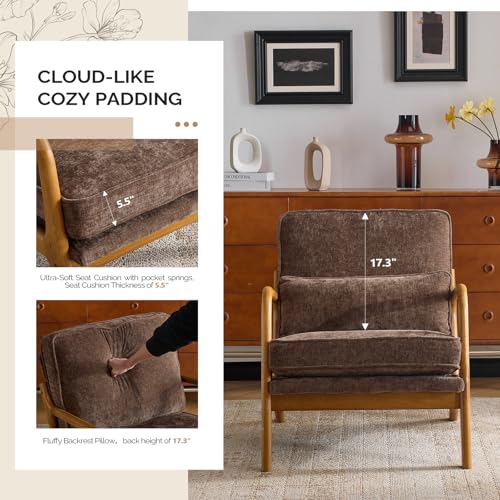 VINGLI Chenille Mid-Century Modern Accent Chair Set of 2, Cute Reading Arm Chair with Cushion & Lumbar Pillow & Solid Wood Frame for Lounge, Living Room, Reading Room, Bedroom, Espresso - color: Espresso