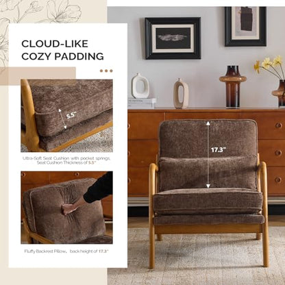 VINGLI Chenille Mid-Century Modern Accent Chair Set of 2, Cute Reading Arm Chair with Cushion & Lumbar Pillow & Solid Wood Frame for Lounge, Living Room, Reading Room, Bedroom, Espresso - color: Espresso