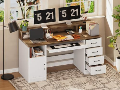 RALGEND 55" Office Desk with Drawers, Farmhouse Executive Desk with Drawers - color: White, Walnut