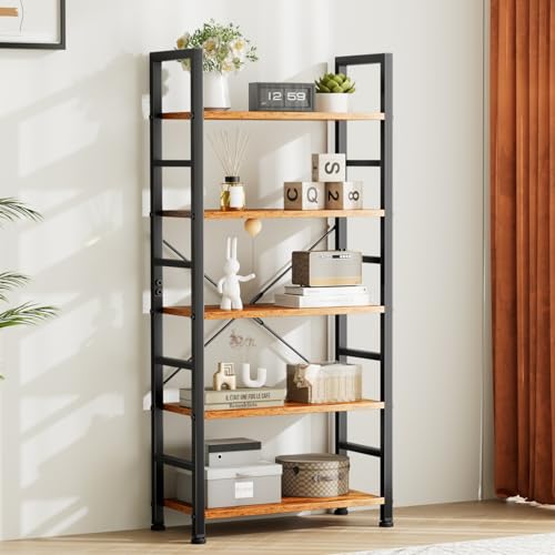 NEWBULIG Book Shelf 5 Tier Modern Bookcase Sturdy Metal Storage Organizer Books/CDs/Magazines Industrial Open Display Shelf for Bedroom Home Office Kitchen Living Room, Rustic - color: Rustic Brown, size: 5-Tiers