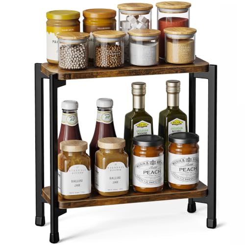 pickpiff 2 Tier Spice Rack Organizer for Kitchen Countertop, Wood and Metal Seasoning Shelf, Space-Saving Spice Organizer for Kitchen Counter, Coffee Bar and Dining Table, Brown
