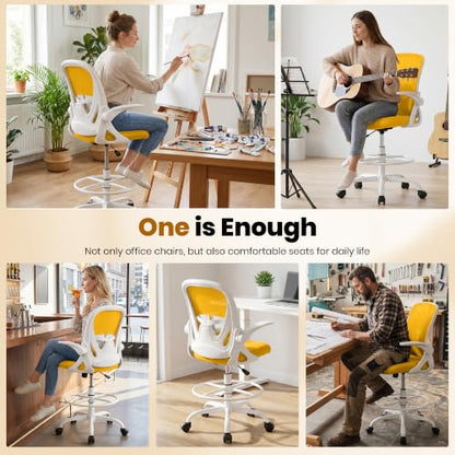 Primy Drafting Chair Tall Office Chair with Flip-up Armrests Executive Ergonomic Computer Standing Desk Chair with Lumbar Support and Adjustable Footrest Ring (Mustard) - color: Mustard, size: 934-Z