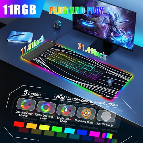 Mouse Pad with Foldable Phone Holder & Wireless Charger, XL RGB Gaming Mousepad 31.5"x11.8" Large Desk Mat for Keyboard, Home Desk Pad with Dual Qi Charging Station | 11 Colors & 5 Modes | Waterproof - color: 31.5x11.81"Phone Stand-Wave