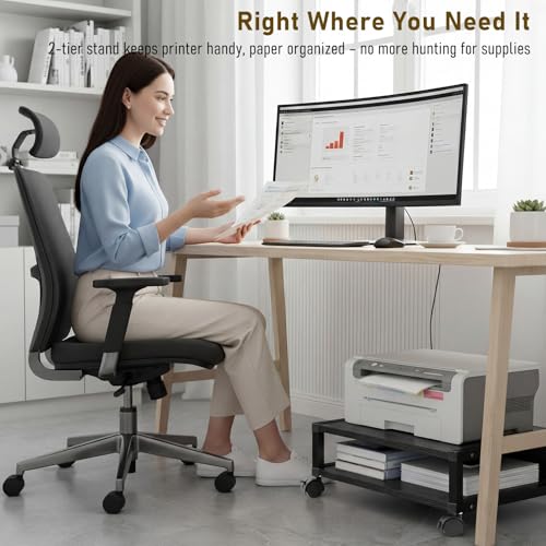 Zonon 2 Tier Printer Stand Under Desk with Wheels, Open Shelf, Black - color: Black