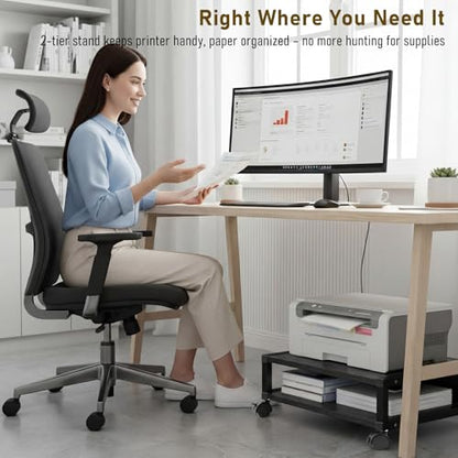 Zonon 2 Tier Printer Stand Under Desk with Wheels, Open Shelf, Black - color: Black
