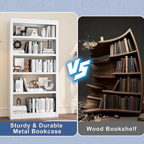 61" 5-Tier Metal Bookshelf,4 Adjustable Shelves,Large Capacity (White) - color: White, size: 61"H*27.5"W*11.8"D