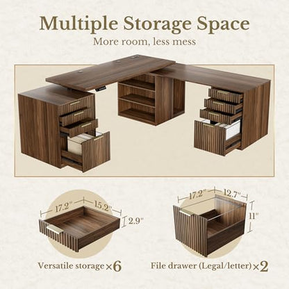 L Shaped Electric Standing Desk, 81'' x 68" Executive Height Adjustable Desk with Drawers and File Cabinet, AC/USB, Fluted Computer Desk with Storage Shelves for Home Office, Black Walnut - color: Black Walnut