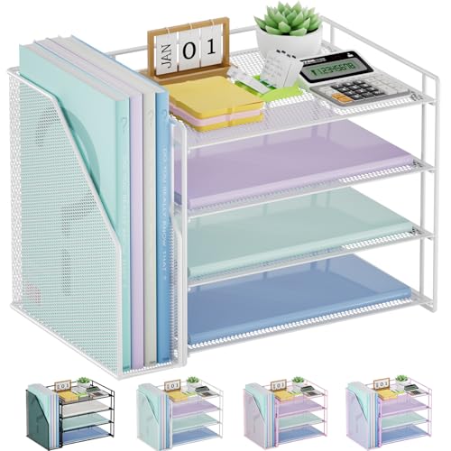Marbrasse 4-Tier Paper Tray Organizer with File Holder, White | Sturdy Paper Tray, Built-in File Holder, fits Letters/Docs, Saves Desk Space, for School/Office/Home - color: White
