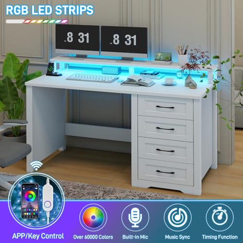 Vabches 47" Farmhouse Executive Desk with 4 Drawers and LED Lights, White - color: White, size: 4 Drawers & Monitor Stand