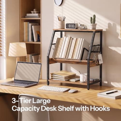 HOOBRO Desk Shelf, 3-Tier Desktop Bookshelf, Tabletop Organizer Storage - color: Rustic Brown