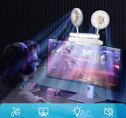 Clip Fan USB-Powered Cooling Fan with LED Light Bar Glacier Silver | Space-Saving Personal fan for Monitor/Laptop/Flat/Bedside/Bookshelf/Music Stand/Reading Stand - color: Glacier Silver