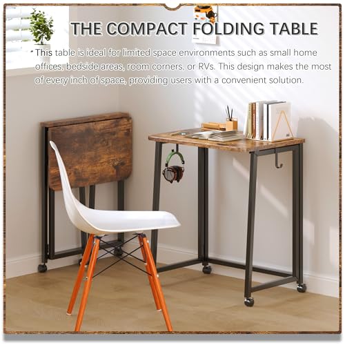 4NM 23.6" Mobile Small Folding Desk, Foldable Rolling Computer Home Office Desk, Study Writing Table for Small Space Saving Bedroom, with Wheels - Rustic Brown and Black - color: Rustic Brown and Black, size: 23.6"W x 15.7"D
